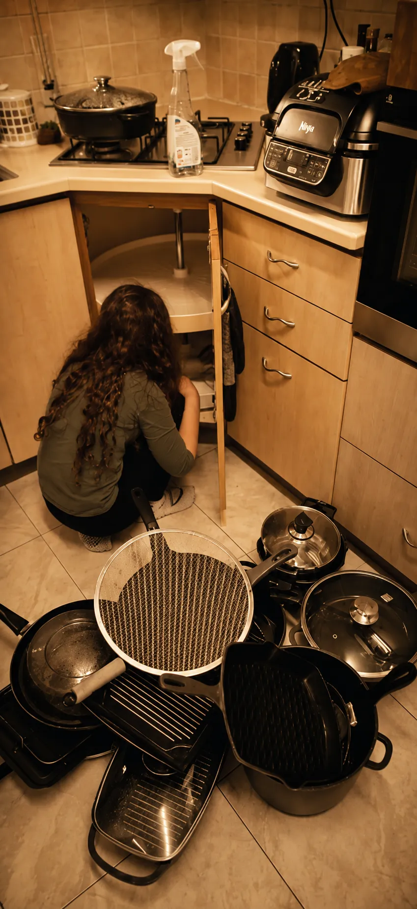 ניקיון לפסח במטבח, סירים ומחבתות מונחים על הרצפה